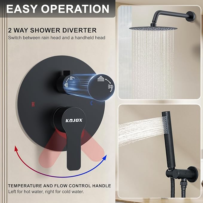 KOJOX 12-Inch Matte Black High-Pressure Shower System: Complete Set with Rainfall & Handheld Shower Heads, Wall-Mounted Mixer Faucet, Rough-In Valve, & Trim Kit for Bathroom