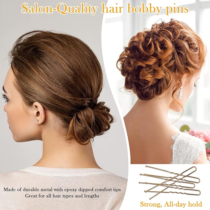U Shape Bobby Pins in Case - 200pcs Gold Hair Pins Clips Bulk for Women - 2.4" Large Strong Hold Bun Pins for Thick/Curly/Straight Hair - Hair Accessories for Styling, Updos, Wedding, Daily Use