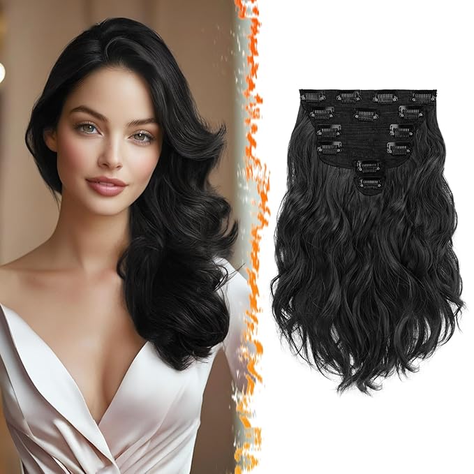 BARSDAR 12 Inch Wavy Black Clip in Hair Extensions - 6PCs Short Wavy Natural Black Clip in Hair Extensions for Women - Full Head Thick Soft Synthetic Hairpieces Daily Party Halloween