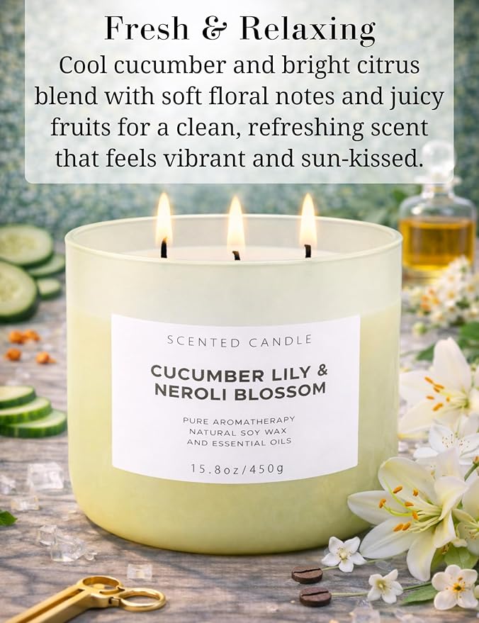 Cucumber Lily & Neroli Orange Blossom 3-Wick Soy Scented Candle, 15.8 oz | Spa Fresh Aromatherapy Candle | Large Scented Candle for Home, Long Lasting & Clean Burning