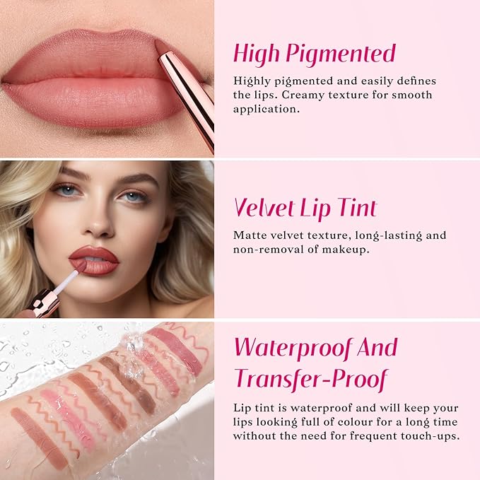 2 PCS Lip Liner and Lip Stain Combo Set, High Pigmented Long Lasting Velvet Lip Tint, Well-Defined Lipliner, Weightless Waterproof Not Animal Tested, Matte Finish Makeup