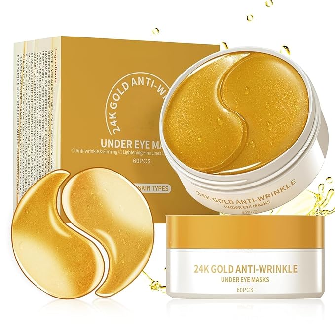 Under Eye Patches Masks - 24K Gold Eye Patch for Dark Circles & Puffy Eyesg,Fine Lines,Eye Bags, Wrinkle,Contains Caffeine and Collagen, Hydration for Women and Men, (60 Pcs) Gold