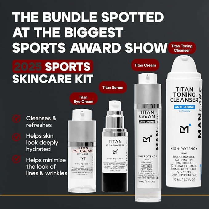Man Labs Titan Sports Anti-Aging Mens Skin Care Kit – Cleanser, Face Serum, Mens Eye Cream, Face Moisturizer – Skin Care Men – Dark Circles, Wrinkles, Fine Lines – Vitamin C, Niacinamide, HA–Unscented