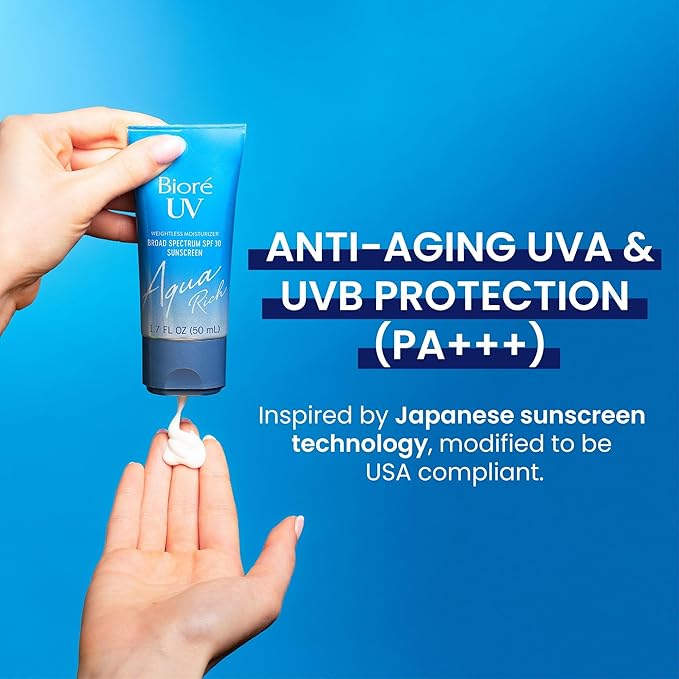 Biore UV Aqua Rich SPF 30 PA+++ Daily Moisturizer Sunscreen for Face, For Sensitive Skin, Oil Free, Hyaluronic Acid, Vegan, Oxybenzone & Octinoxate Free, Dermatologist Tested, 1.7 Oz/3pk
