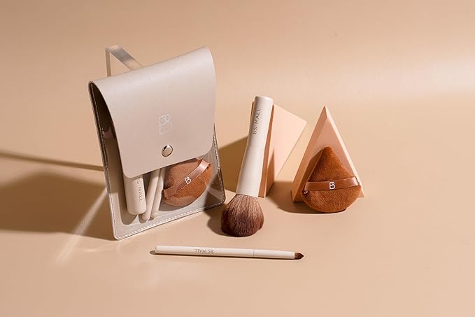 BS-MALL Travel Makeup Brushes Premium Synthetic Foundation Powder Concealers Eye Shadows 7 PCS with Triangle Puff & Storage Bag (Beige)