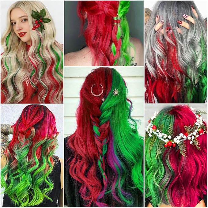 Colored Hair Extensions 10 PCS, Colorful Party Highlights Clip in Long Synthetic Hairpieces, Red and Green Hair Extensions for Girls Women Kids Cosplay Gifts 22 Inch