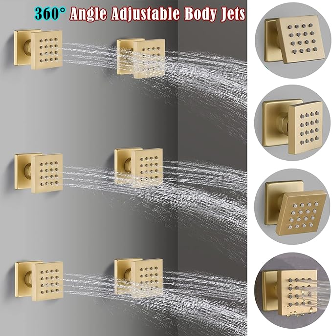 WHSHOWER Brushed Gold Triple Shower Heads Shower System with 12"+8"+8" Top Shower Heads, Digital Display Shower Valve, Body Jets and Handheld Shower,Full Body Shower System