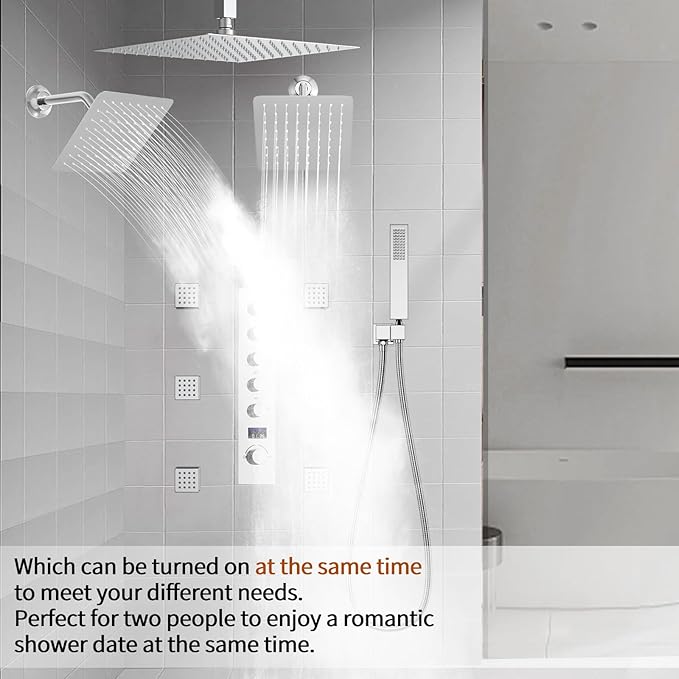 WHSHOWER Triple Shower Head Shower System Chrome Full Body Shower System with Digital Display Shower Valve, 12"+8"+8" Three Top Shower Heads,Handheld Shower and Body Jets