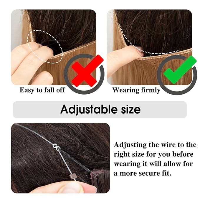 SARLA Invisible Wire Hair Extensions with 3 Clips Long Wavy Curly Synthetic Hairpiece for Women Adjustable Transparent Headband 18 Inch Sand
