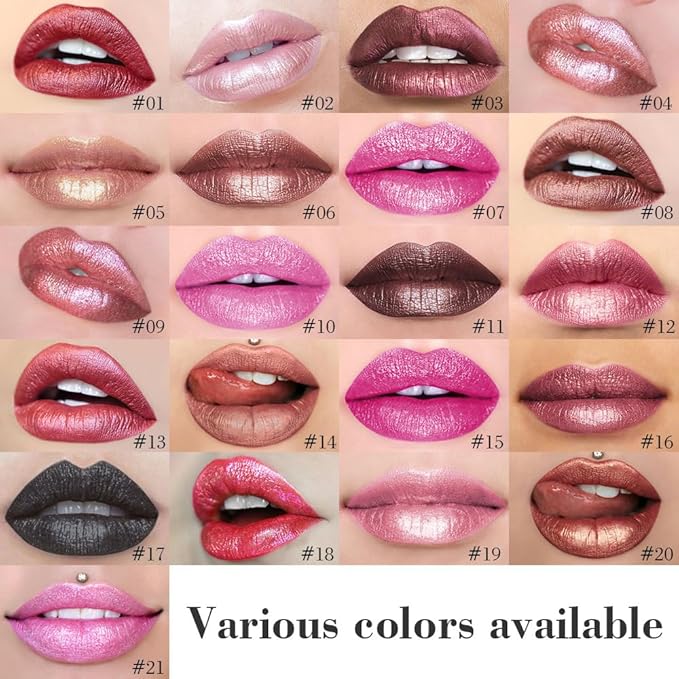 evpct Pink Metallic Glitter Lip Liner and Lipstick Combo Lip Gloss Stain Set Makeup for Women Long Lasting Waterproof 24, Rose Pink Metallic Shimmer Frosted Iridescent Glossy Liquid Lipstick 21