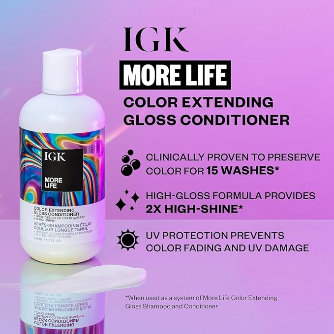 IGK MORE LIFE Color Extending Gloss Shampoo & Conditioner Set | Preserves Color + Enhances Shine | UV Protection | Vegan + Cruelty-Free | 8 oz (Pack of 2)