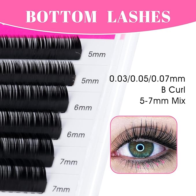 TDANCE Bottom Lash Extension 0.03/0.05/0.07mm Thickness Bottom Eyelashes Lower Lash Extensions B Curl 5-7mm Mixed Under Bottom Lashes (0.07-B,5-7 mm)