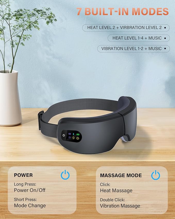 ZZR SEVEN Eye Massager with Heat, 7 Massage Modes, Eye Mask, Birthday Gifts for Women, Men, Friend, Mom and Dad, Sleep Mask for Relax, Migraine Relief, Reduce Strain, Improve Sleep, Black