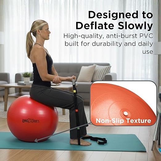 TheraBand - 23025 Exercise Ball, Professional Series Stability Ball with 55 cm Diameter for Athletes 5'1" to 5'6" Tall, Slow Deflate Fitness Ball for Improved Posture, Balance, Yoga, Pilates, Core, Red