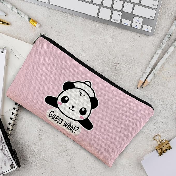BARPERY Panda Gifts Pink Makeup Bag, Cute Baby Panda Guess What It's Pug Butt Cosmetic Bag, Travel Toiletry Bag for Daughter, Canvas Zipper Pouch