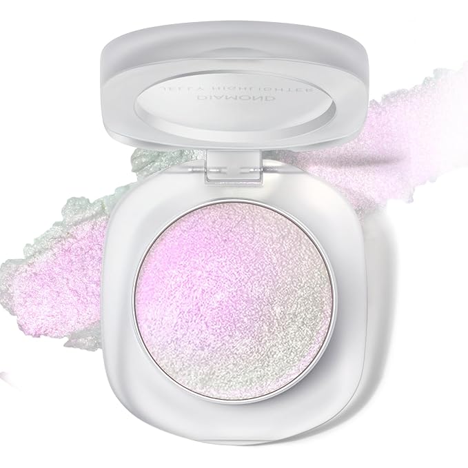 Holographic Chameleon Pink Silver Eyeshadow&Highlighter Palette, Color Shift Glitter Iridescent Cream Highlighter, Smooth Long Lasting Sparkling Eye Shadow Mermaid Facial Illuminator Makeup#02