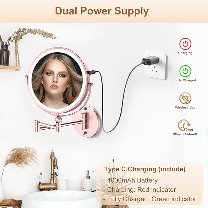 9" Wall Mounted Lighted Makeup Mirror,4000mAh Rechargeable Double Sided 1X/10X Magnifying Mirror with Light,Touch Dimmable,Extended Arm 360 Rotation Wall Mounted Makeup Mirror 3 Color Lights Gold