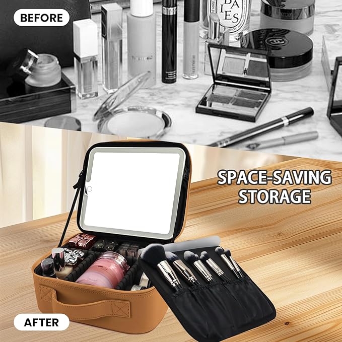SUILU Makeup Bag with Led Mirror,Portability Cosmetic Case Portable Cosmetic Brush Organizer Bag with Adjustable Dividers,Gift for Women,Girls Gift (Light Brown)