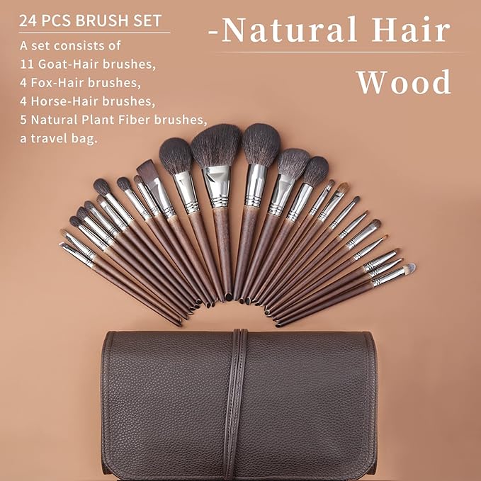 ENZO KEN Deluxe Natural Goat Hair Makeup Brush Set with Case, 24 Cosmetic Brushes Makeup Set, Wooden Natural Makeup Brushes, Natural Bristle Makeup Brush, Natural Hair Makeup Brushes Set Professional.