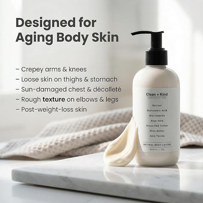 Clean + Kind Firming Retinol Body Lotion for Wrinkles & Crepey Skin – Anti-Aging Moisturizer with Hyaluronic Acid, Niacinamide, Aloe Vera, Shea Butter & Grass-Fed Tallow Skincare