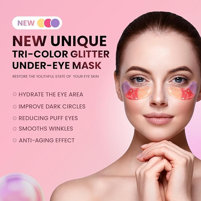 AILEORY Under Eye Patches (24 Pairs) - Tri-color Glitter Eye Gel Pads for Dark Circles, Puffy Eyes, Under eye Bags, Wrinkles | Natural Collagen Under Eye Mask Patches, Valentines Day Gift for Her