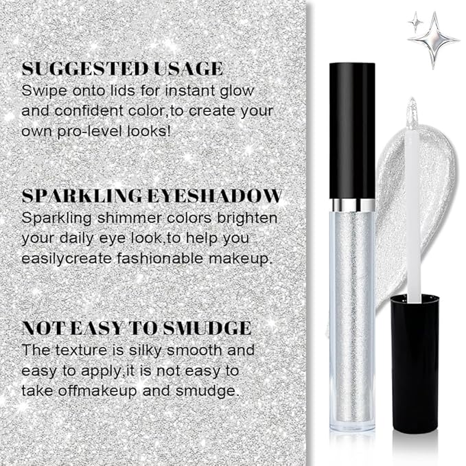 SUAKE Liquid Sparkling Glitter Eyeshadow Stick Pack - High Pigment Shimmer Metallic Eye Shadow, Long-Lasting, White Blue Black Gold Purple Bold Colors,Quicking-Dry (1#-White, Pack of 1)