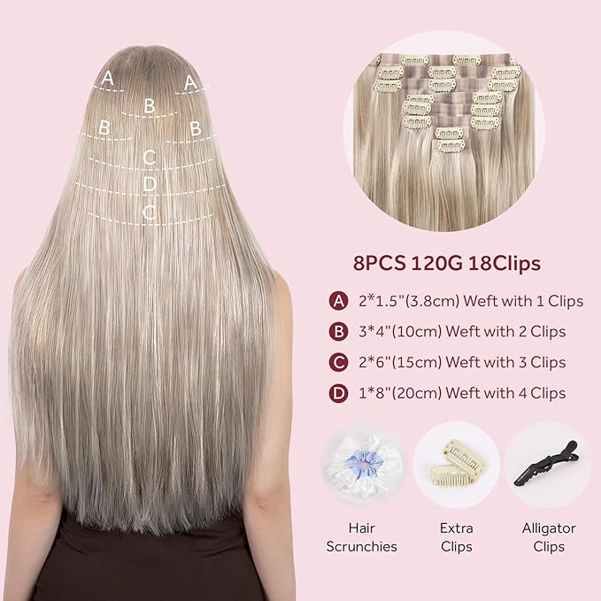Clip in Hair Extensions Real Human Hair Seamless Clip Ins 100% Remy Hair Extensions PU Skin Weft Add Volume Ash Blonde Highlights Thick&Invisible #P18/613 20Inch 120G 8PCS