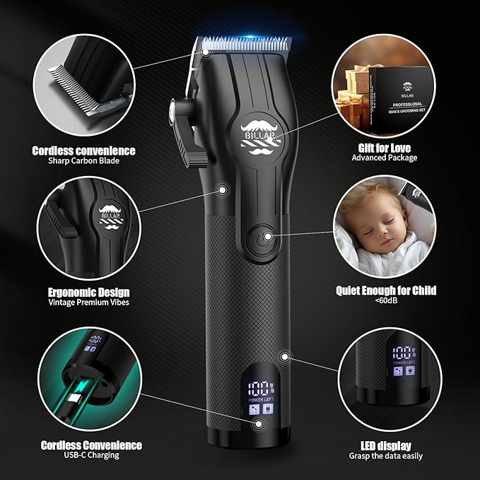 BILLAR® Professional Barber Clippers and Trimmer Set - Foil Shaver Professional Hair Clippers for Men, Mens Cordless Hair Clipper for Barbers Haircut Kit（Black）