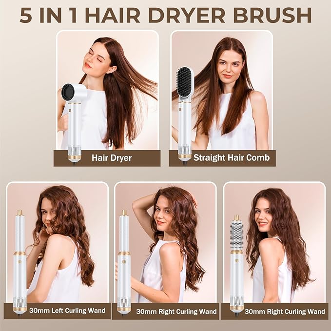 5 in 1 Hair Dryer Brush Set, Negative Ion Blow Dryer Brush Upgrade Hot Air Brush Air Styler Curling Wrap Air Curler, Curling Iron Hair Styling Tools As A Gift for Straight/Curl/Drying/Smoothing