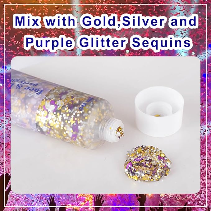 MEICOLY Face Glitter Makeup for Music Festival,Country Concert Outfits for Women, Holographic Gold Silver Purple Body Glitter,Halloween Party Accessories Self-Adhesive Glitter Face Paint,50ml