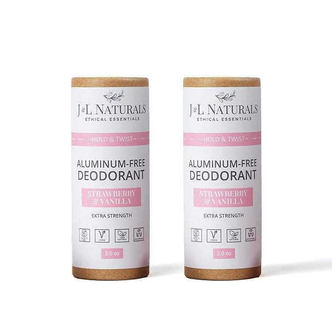 J&L Naturals Aluminum Free Deodorant for Men & Women | 100% Natural Ingredients With Coconut Oil, Shea Butter, & Essential Oils | Sustainable, Eco-Friendly (Strawberry & Vanilla, 3.0 Oz (Pack of 2))