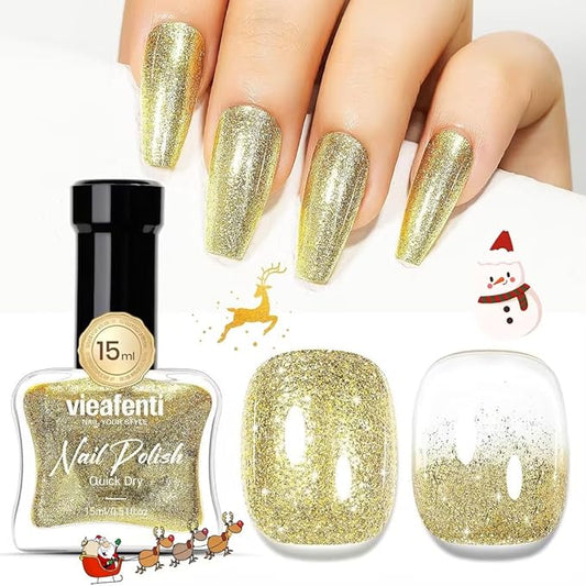 Glitter Gold Nail Polish 15ml, Christmas Quick Drying Nail Polish Regular Shimmer Long-Lasting Air Dry Oil-Base Nails Polish Non Gel DIY Salon At Home