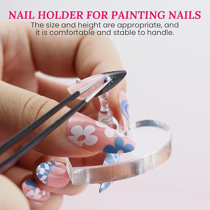 Wooden Stand for Nails Art Display Practice 2 Set, 1 Heart Shaped Acrylic Magnetic Nail Stand, Fake Nail Holder with 200 Pieces Double-sided Tape, For Home DIY Salon Supplies (Wood, Large)
