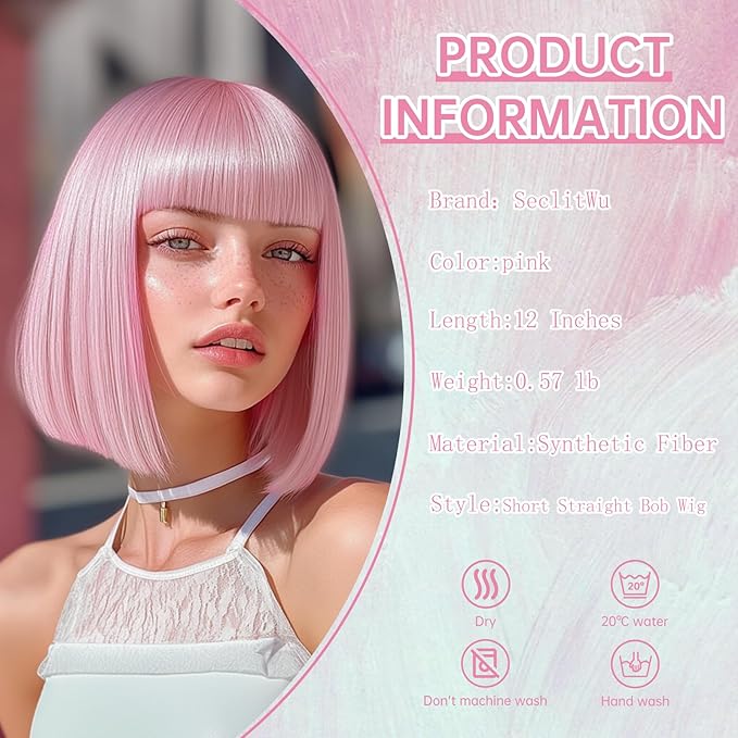 Pink Wig With Bangs Short Bob Straight Wigs for Women Shoulder Length Pink Natural Looking Synthetic Heat Resistant Fiber Wigs for Halloween Costumes Cosplay Daily Use(12 Inch)