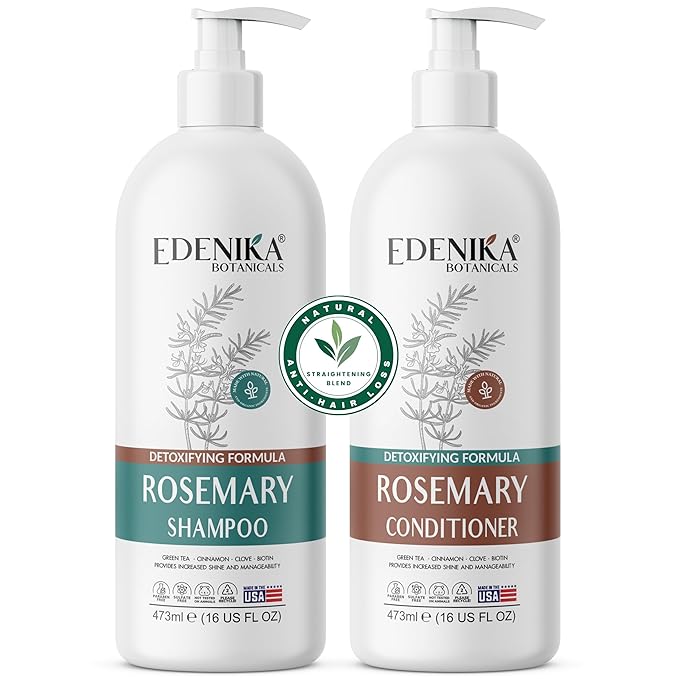 Edenika Botanicals Rosemary Oil Shampoo & Conditioner Set with Biotin for Thinning Hair & Anti-Hair Loss, Strengthening Botanical Formula, Women & Men, Sulfate-Free, Organic, 16 fl oz Each