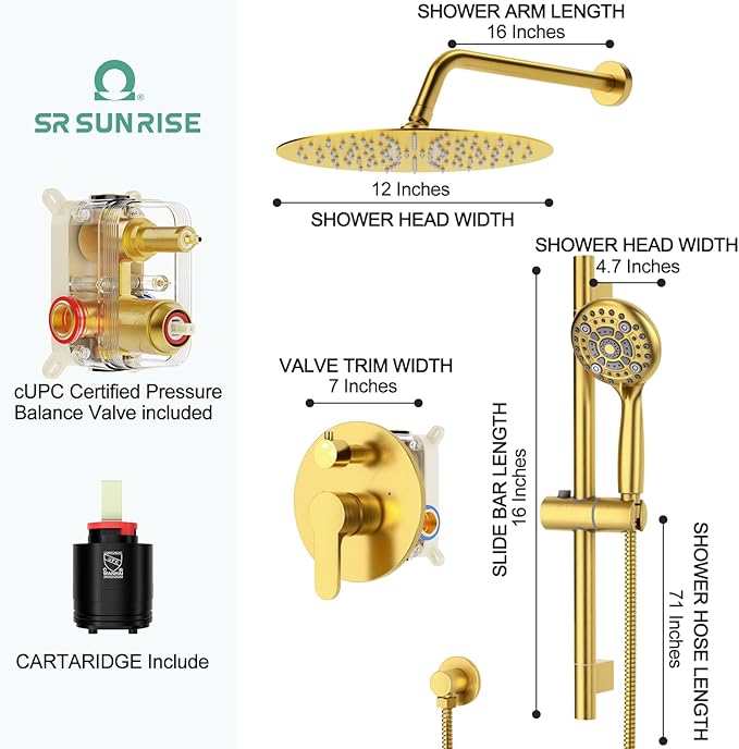 SR SUN RISE 12 Inch Brushed Gold Shower System, Wall-Mount Adjustable 16-Inch Slide Bar with 6-Function Hand Shower Faucet Included Valve and Trim Kit