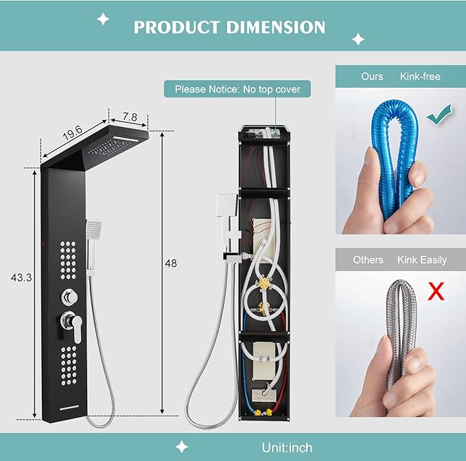 KINKIB LED Shower Panel Tower System Black with Rainfall Waterfall Shower Head, 5-in-1 Shower Tower with Powerful Body Jets, Handheld Shower and Tub Spout, High Pressure Shower Column Stainless Steel