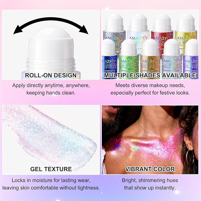 Roll-on Holographic Glitter Gel for Face & Hair, Sparkling Pink Shimmer Makeup, Color Changing Body Glitter for Festivals, Parties, Chunky Mermaid Sequins Body Shimmer for Women(Iridescent Dream)