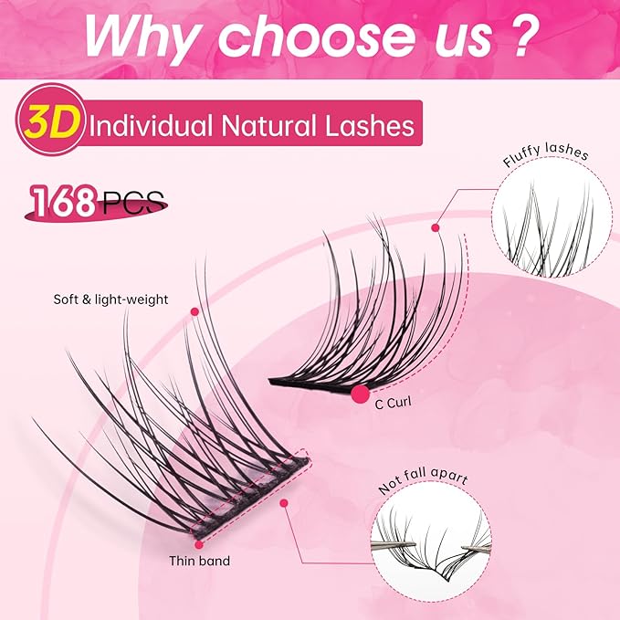 Natural Lash Clusters, 168Pcs Lash Extension Kit, 9-11MM Wispy Eyelash Clusters, Individual Lashes Cluster Kit with Bond and Seal and Tweezers DIY at Home by URNNE