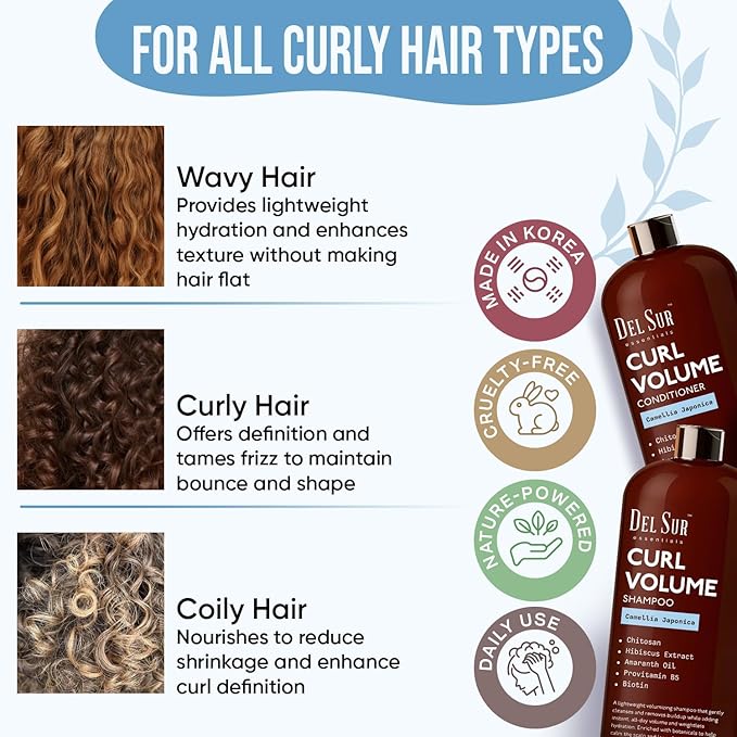 DEL SUR Curly Hair Shampoo and Conditioner Set | 16 fl oz Each | with Camellia Japonica, Hibiscus & Amaranth Oil | Curl Defining, Volume & Hydration for Curly & Wavy Hair