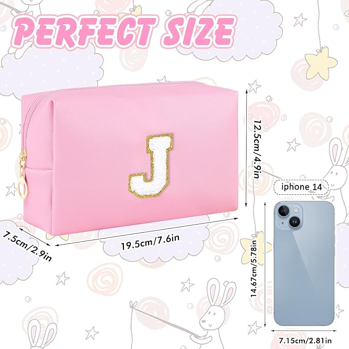 URSKYTOUS Gifts for Teacher Initial Makeup Bag Personalized Cosmetic Bag Cute Travel Toiletry Bag Small Chenille Letter PU Makeup Pouch Organizer Preppy Birthday Gift for Daughter Teen Girls (Pink J)