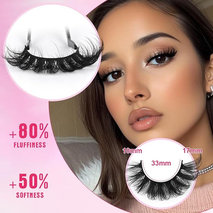 Mink Lashes Fluffy 6D False Eyelashes 17mm Wispy Cat Eye Lashes that Look Like Extensions Strip Lashes Pack