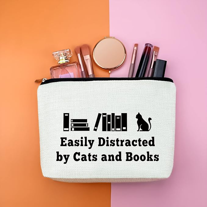 Cat Lover Gifts Book Lover Gift for Women Makeup Bag Cat Mom Gift Cat Bookworm Themed Cosmetic Bag Birthday Gift for Girls Library Worker Gift Valentines Day Graduation Gift Travel Cosmetic Pouch