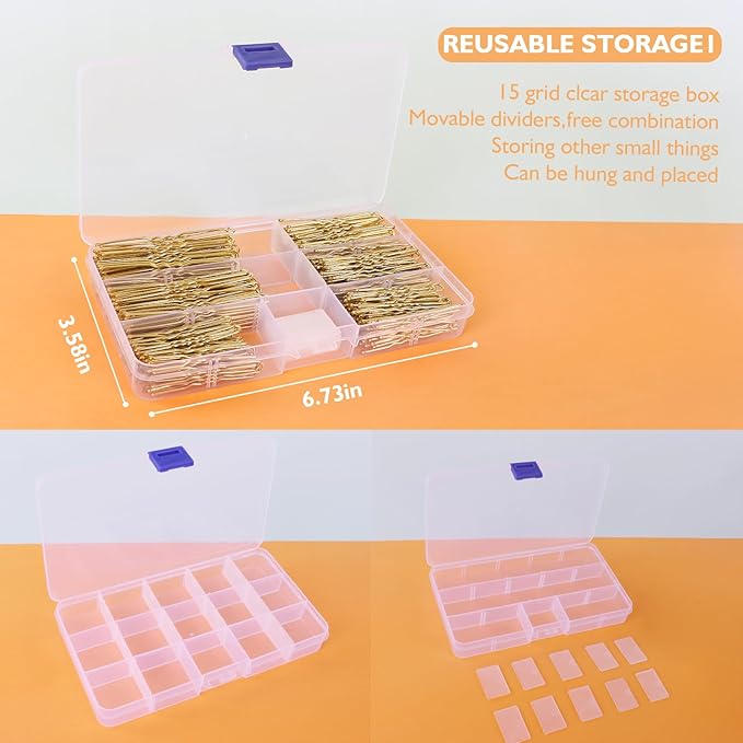 300Pcs U-Shaped Hair Pins in Varying Sizes (2.8IN, 2.4IN, 2IN), Bobby Bun Pins for Women, Kids, and Girls - With Storage Box and 50Pcs Elastic Hair Bands for All Hair Types, Gold