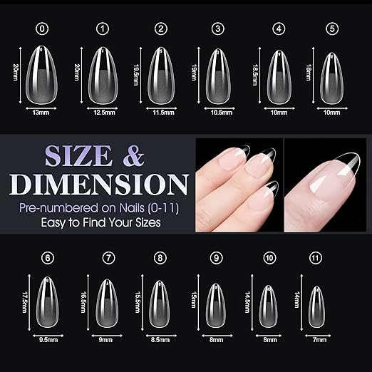 Gelike EC Extra Short Almond Gel Nail Tips Kit for Soak Off,Full Cover Soft Nail Tips,Pre-buff PMMA Resin,Clear Ultra-Thin Design,12 Sizes,240 Pieces