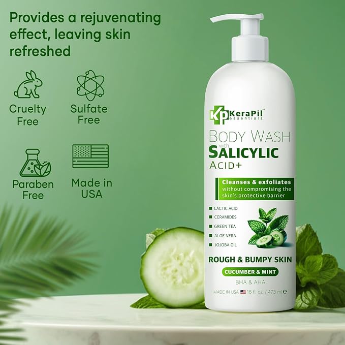 KERAPIL Exfoliating Body Wash with Salicylic Acid - No Dry Out, Gentle Exfoliates Rough and Bumpy Skin, Body Acne Wash, BHA & AHA - Cucumber and Mint Salicylic Acid Body Wash - (16 fl oz)
