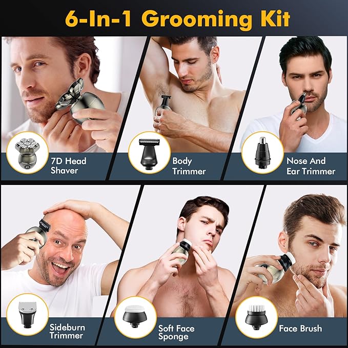 7D Head Shavers for Bald Men: 6 in 1 Detachable Bald Head Shavers - IPX7 Waterproof Wet Dry Electric Razor for Men- LED Display Shaving Grooming Kit with Type-C Charge