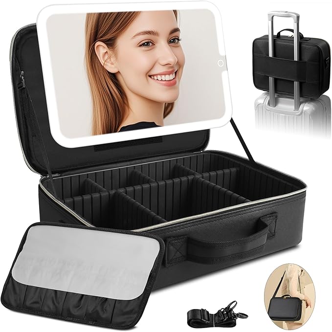 Suupvaor 15''X11'' Large Makeup Bag with Removable Lighted Mirror, Professional Travel Makeup Train Case PU Leather Cosmetic Make up Organizer with Adjustable Dividers & Brush Storage Board