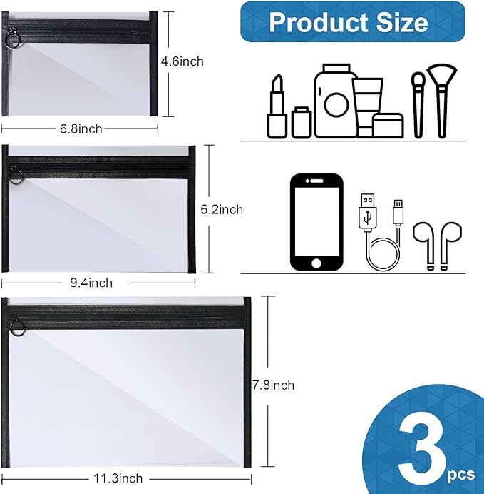 LMBTNCG TSA Approved Clear Toiletry Bags, 3 Pack Waterproof PVC Travel Organizer Pouches with Zipper, Transparent Makeup Cosmetic Cases for Airport Security