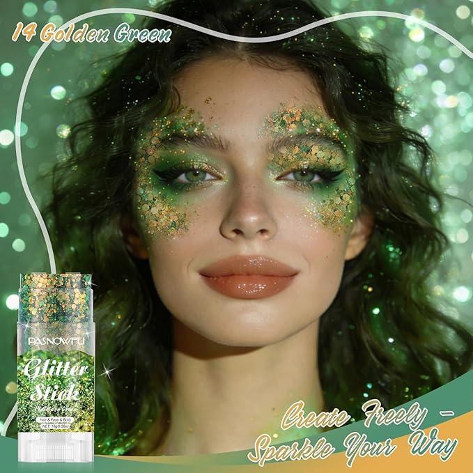 Golden Green Body Glitter Stick, Gel Formula Face and Hair Glitter for Women and Girls, Multi-Use Festival Concert Party Makeup, Glitter for Stage Performance Cosplay Costume Events